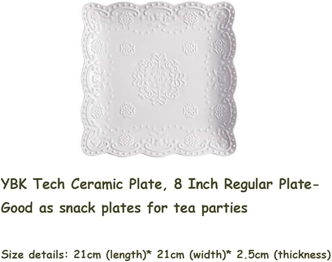 Elegant Square Embossed Lace Plate Bone China Dessert Plate Ceramic Plate for Breakfast Afternoon Tea (White, 8-inch)