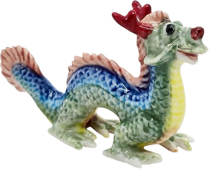WitnyStore 3¼" Multicolor Chinese Asian Dragon Ceramic Figurine for Terrarium Decoration Collectible Statue for Adult Collectors Handcrafted Porcelain Ornament Sculpture Home Room Tabletop Decor