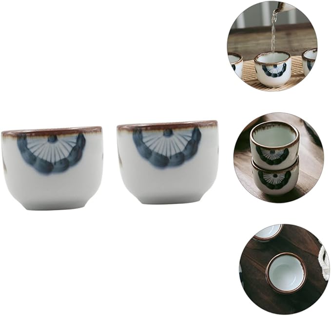 ABOOFAN 2pcs Traditional Japanese Tea Cup Hand Painted Floral Design Glazed Ceramic Sake Cup for Korean Restaurant