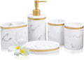 5-Piece Bathroom Counter Top Accessory Set - Dispenser for Liquid Soap or Lotion, Soap Dish, 2 Tumblers and Toothbrush Holder, Marble Pattern Resin (Classic White)