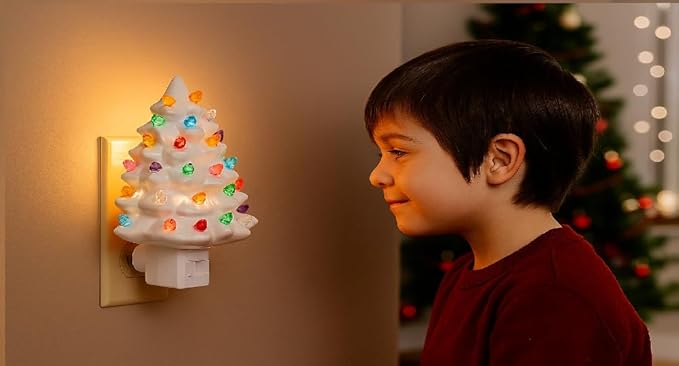 Christmas Night Light - White Tree Christmas Nightlight Plug Into Wall, 6" Ceramic, Holiday Decorations, Winter Home Décor for Kids/Adults
