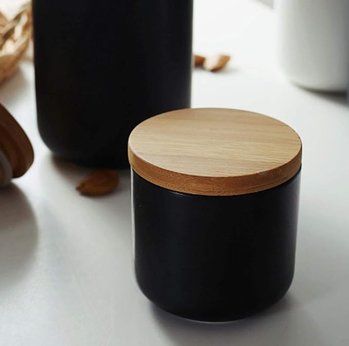 Ceramic Pure Color Sugar Bowl Spice Jar Storage Pot with Wooden Lid