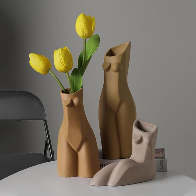 Modern Ceramic Decorative vase Human Body Shape Creative vase Jingdezhen Famous kiln Stucco Clay vase Suitable for Home Decoration Dining Table Living Room Shelf Decoration (Brown)