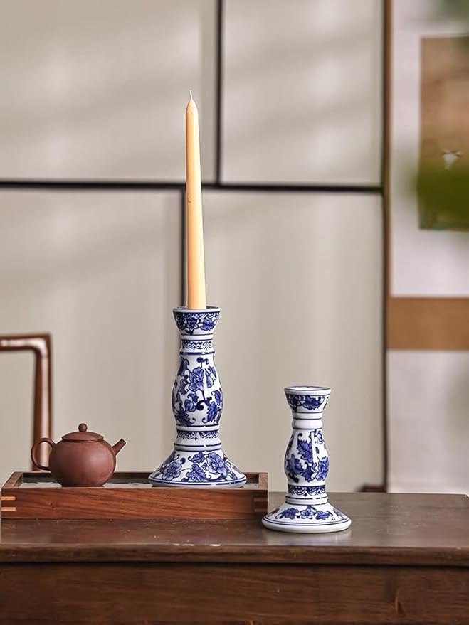 Blue and White Porcelain Ceramic House Candle Holder Chinese Traditonal Style Simple Home Candlestick Decoration Incense Stick (l)