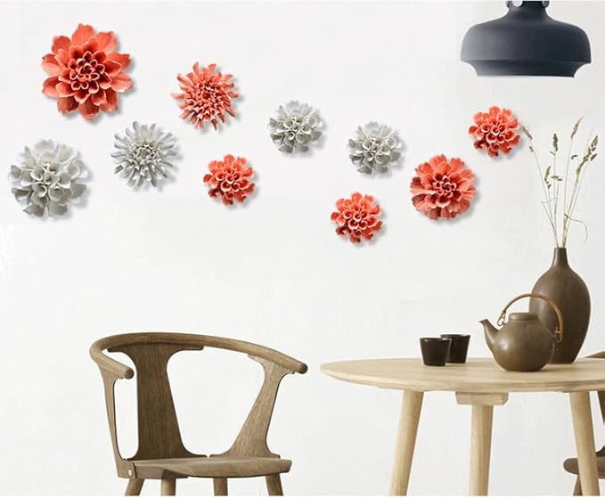 Peony,2.76"" Ceramic Flower Wall Art, Artificial 3D Flower Wall Art, Handmade 3D Wall Art Hanging Sculpture, Porcelain Flower Wall Decoration for Home Office Decor (White), White,flower