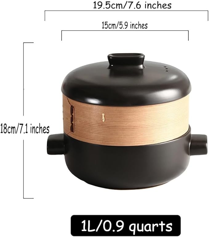 Steamer for Cooking Japanese Ceramic Hot Pot, Earthenware Clay Pot Casserole Steamer Cookware Stew Pot Stockpot with Lid & Steamer Basket for Healthy Cooking, Even Heating,Black,1L