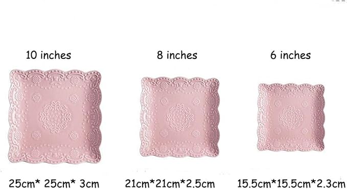 Eplze YBK Tech Elegant Square Embossed Lace Plate Bone China Dessert Plate Ceramic Plate for Breakfast Afternoon Tea (Pink, 6-inch)