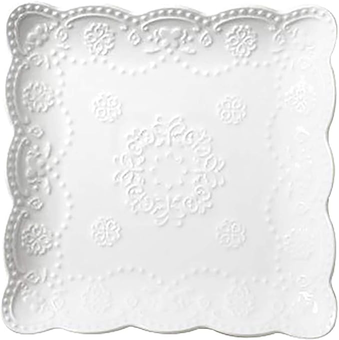 Eplze YBK Tech Elegant Square Embossed Lace Plate Bone China Dessert Plate Ceramic Plate for Breakfast Afternoon Tea (White, 6-inch)