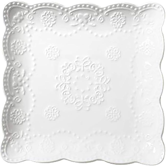 Elegant Square Embossed Lace Plate Bone China Dessert Plate Ceramic Plate for Breakfast Afternoon Tea (White, 8-inch)