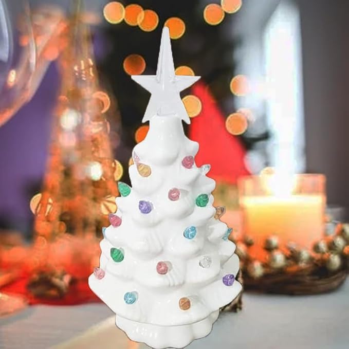 Small Resin Christmas Tree Decor, Tabletop Christmas Tree Star Topper, Holiday Decoration with 40 Multi-Color Lights, Xmas Fall Decorations for Home (Cream White)