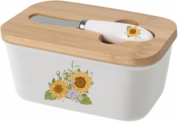 WAIT FLY Flower Ceramic Butter Dish with Bamboo Lid and Knife, 2 Sticks Butter Dish Butter Container Keeper for Kitchen Countertop, Home Decorative-Sunflower