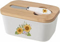 WAIT FLY Flower Ceramic Butter Dish with Bamboo Lid and Knife, 2 Sticks Butter Dish Butter Container Keeper for Kitchen Countertop, Home Decorative-Sunflower