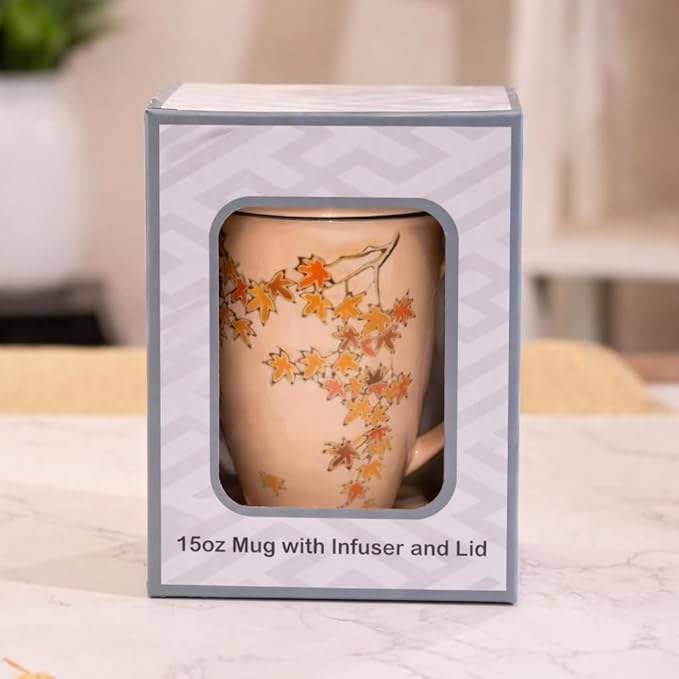 Urban Tokyo Porcelain Tea Infuser Mug with Lid, 15oz Teacup with Strainers for Loose Leaf Tea, Microwave and Dishwasher Safe Coffee Mug