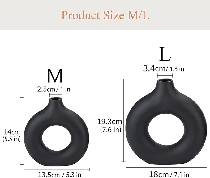 Black Ceramic Donut Vase Set of 2, Big Hollow Round Matte Pampas Flower Vases for Boho Home Wedding Party Room Dinner Table Shelf Decor.