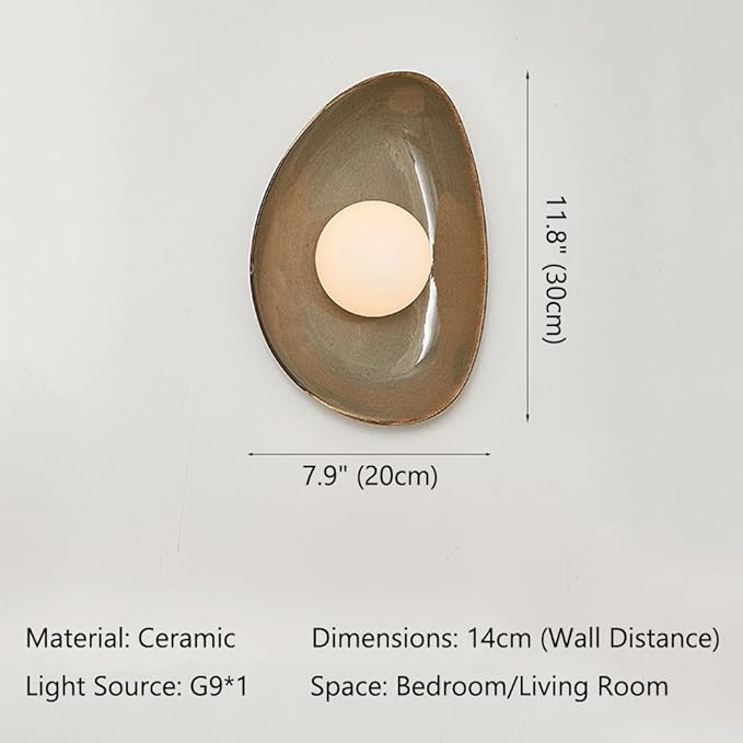 Modern Ceramic Wall Sconce Pebble Shape Wall Lamp G9 Frosted Globe Light Fixture Sculptural Art Decor for Bedroom Bedside Living Room Hallway Staircase 12 Inch H