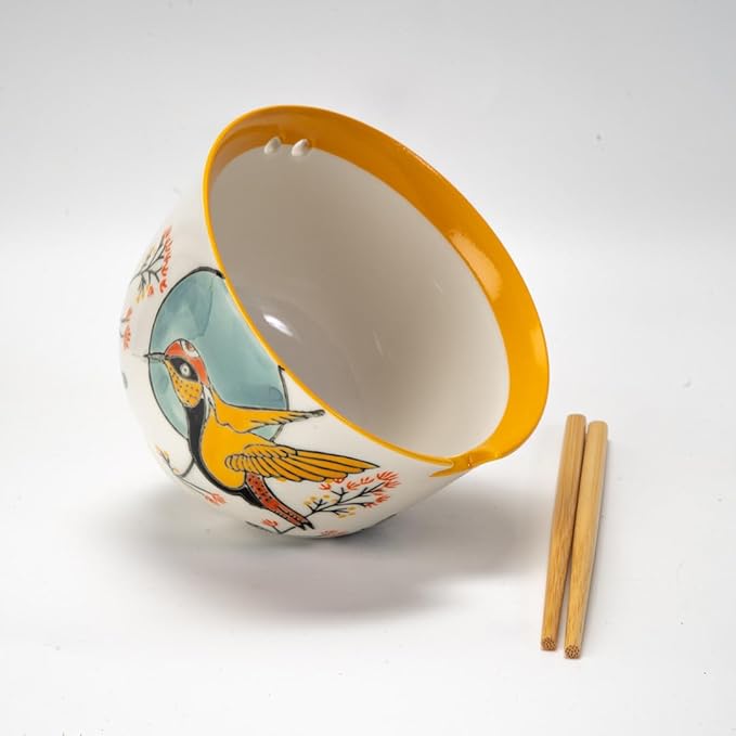 Urban Tokyo Handpainted Ceramic Glazed Japanese Ramen Udon Noodle Rice Bowl With Chopsticks 20 fl oz 5 inch Diameter Bowl Sets Color Box Packaging (Hummingbird)