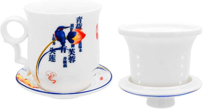 Porcelain Tea Cup with Infuser Lid and Saucer Sets - Chinese Jingdezhen Ceramics Coffee Mug Teacup Loose Leaf Tea Brewing System for Home Office