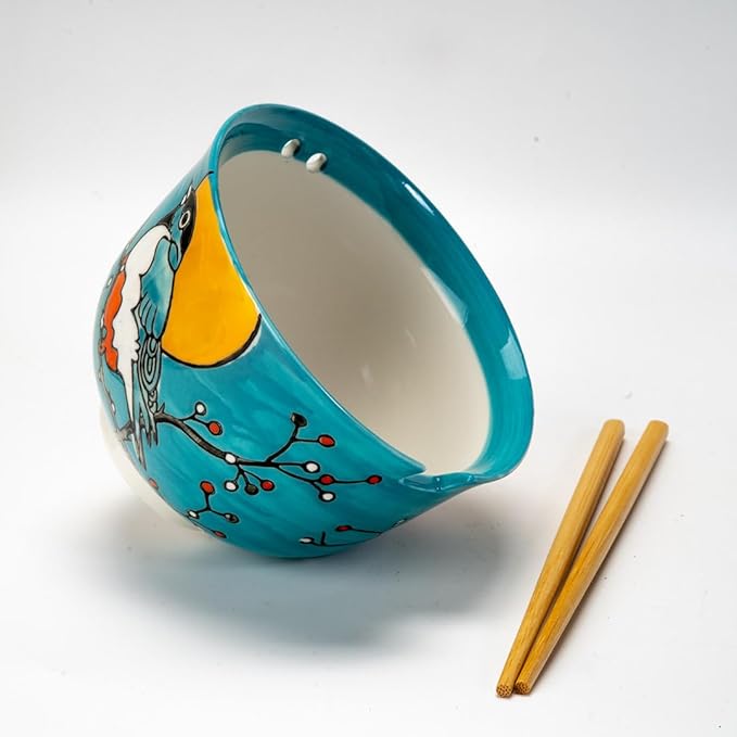Urban Tokyo Handpainted Ceramic Glazed Japanese Ramen Udon Noodle Rice Bowl With Chopsticks 20 fl oz 5 inch Diameter Bowl Sets Color Box Packaging (Robin Bird)