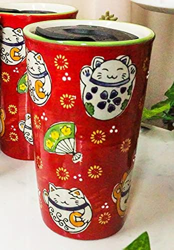 Ebros Oriental Japanese Design Double Walled Porcelain Ceramic Tall Hot Or Cold Drink Travel Mug Cup 12oz With Straw Or Sip Holed Cover Lid (Red Maneki Neko Lucky Cats)