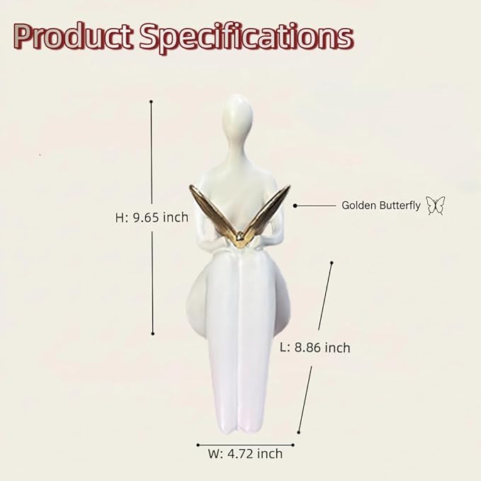 White Abstract Sitting Figurine with Gold Butterfly – Modern Shelf Sitter Sculpture for Home Decor, Minimalist Statue, Elegant Desk Ornament for Living Room, Office & Bookshelf Decoration