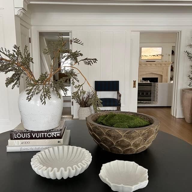 SWADESHI BLESSINGS HandCrafted Marble Ruffle Bowl/Antique Scallop Bowl/Fruit Bowl/Vintage Ring Dish/Decorative Flower Dish/HouseWarming Gift/Wedding Gifts/Urli (12 Inches)