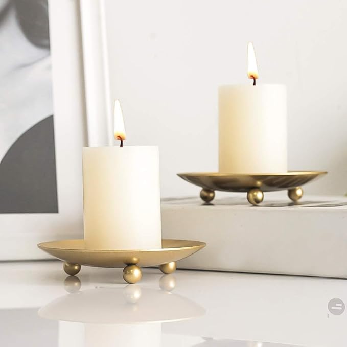 Gold Iron Plate Candle Holder, Decorative Iron Pillar Candle Plate, Set of 2, 4.37 inches D x 0.78 inches H, Pedestal Candle Stand for LED & Wax Candles, Incense Cones, Spa, Weddings (2 pcs)