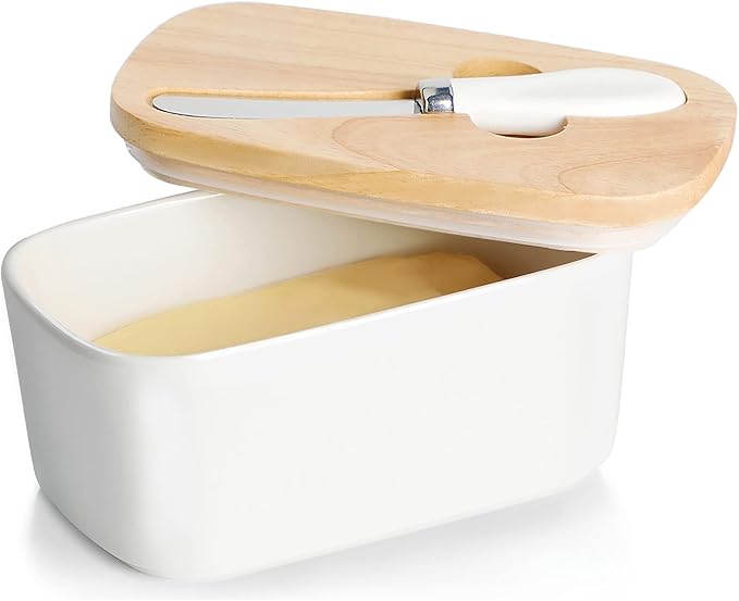 GDCZ Large Ceramic Butter Dish for Countertop - Butter Keeper with Silicone Sealing, Natural Wooden Lid and Stainless Steel Knife, Kitchen Decor for Kitchen Gifts (White Larger Capacity)