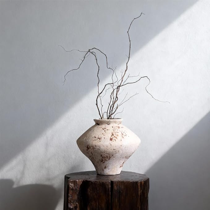 Whitewashed Terracotta Ceramic Vase 6.7", Small Rustic Farmhouse Pottery Vase with Wide Mouth, Watertight Flower Vase for Fresh Flowers & Pampas Grass, Table Centerpiece Shelf Decor