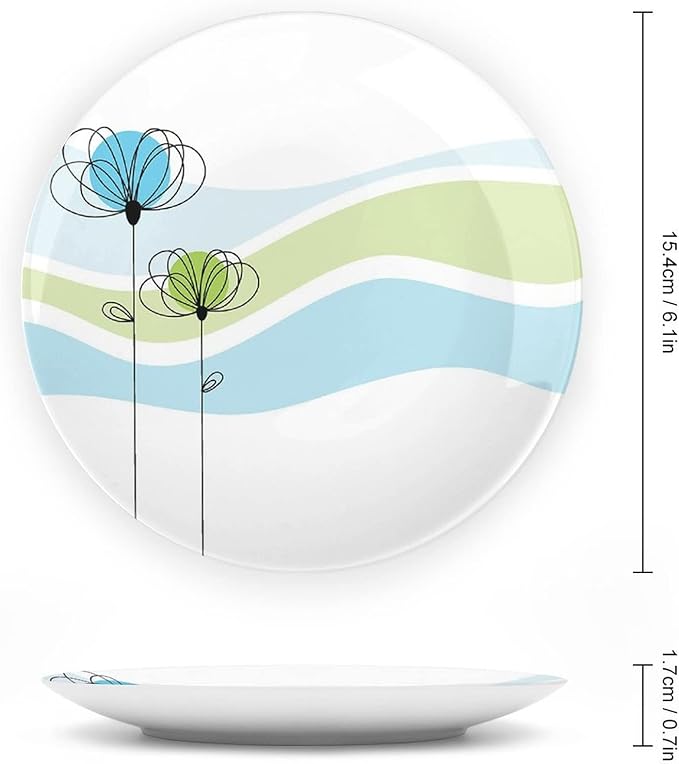 XISUNYA 7 Inch Decorative Plate, Doodle Porcelain Plate, Summer Flowers with Cute Colors and Wave Backgorund Print Ceramic Wall Hanging Decor Accessory for Dining Table Tabletop Home Decor
