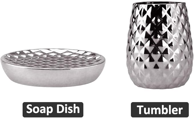 Silver Bathroom Accessories Set, Moroccan Trellis Bathroom Ensemble Complete Sets for Bath Decor Includes Soap Dispenser Pump, Toothbrush Holder, Tumbler, Soap Dish, Ideas Home Gift