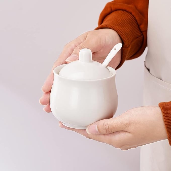 Ceramic Sugar Bowl with Lid and Spoon, Porcelain Sugar Salt Pepper Storage Jar, 7 Ounces