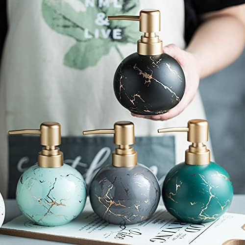 Gold Soap Dispenser for Bathroom or Kitchen, Cute Marble Round Ceramic Lotion Bottle, Rust-Free Pump(Black)