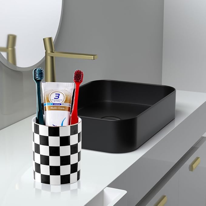 Ceramic Toothbrush Holder Toothpaste Holders, Cute Bathroom Tumbler Cups Reusable,Checkered Bathroom Counter Decor Organizer, Makeup Brush Holder,Pen Holder (Black)
