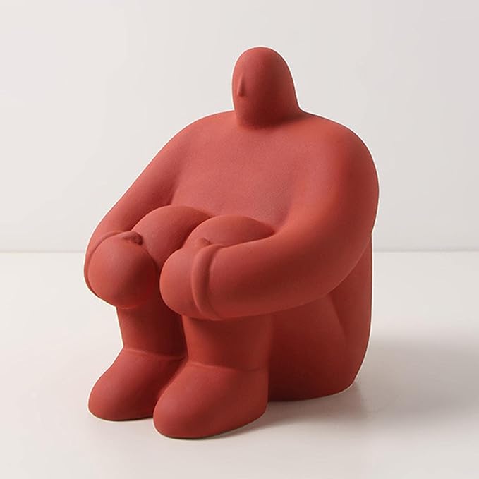 Abstract Art Character Statue Figurine Handmade Ceramic Sculpture Ornaments for Bookshelf Wine Cabinet Crafts Decoration (Red)