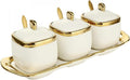 Set of 3 Porcelain Condiment Jar Spice Container with Lids, Ceramic Sugar Bowls Condiment Pots Spice Jars Seasoning Box Set, Best Spice jar for Your Home, Kitchen, Counter (White suit)