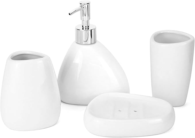 QWORK Elegant White Ceramic Bathroom Accessory Set – Modern Teardrop-Shaped 4-Piece Ensemble – Includes Soap Dispenser, Tumbler, Toothbrush Holder, and Soap Dish for Stylish Home Decor