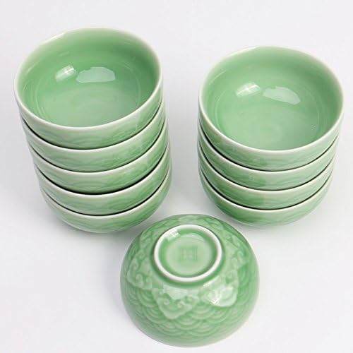 Chinese Rice Bowls 10-Ounce Celadon Glazed 4.5Inch Cereal Bowl with Emblazonry(Set of 4) (Green01)