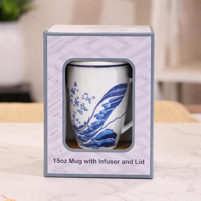 Urban Tokyo Porcelain Tea Infuser Mug with Lid, 15oz Teacup with Strainers for Loose Leaf Tea, Microwave and Dishwasher Safe Coffee Mug