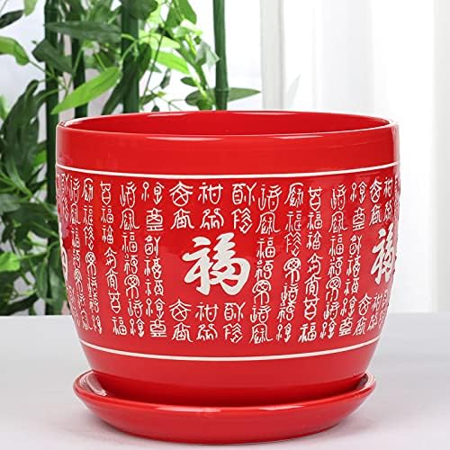 Red Ceramic Flower Pot with Saucer Chinese Style Planter Traditional Asian Decorative Pot Indoor Cylindrical Plant Pots for Indoor Outdoor Plants, Home Office Decor