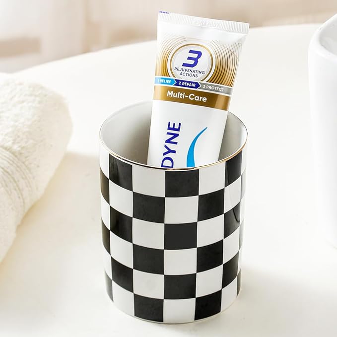 Ceramic Toothbrush Holder Toothpaste Holders, Cute Bathroom Tumbler Cups Reusable,Checkered Bathroom Counter Decor Organizer, Makeup Brush Holder,Pen Holder (Black)