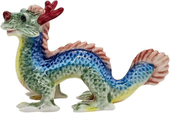 WitnyStore 3¼" Multicolor Chinese Asian Dragon Ceramic Figurine for Terrarium Decoration Collectible Statue for Adult Collectors Handcrafted Porcelain Ornament Sculpture Home Room Tabletop Decor