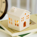 Hollowed Ceramic Village House Tealight Candle Holder for Home Fireplace Mantel Table Centerpiece Winter Holiday Christmas Decorations (White)