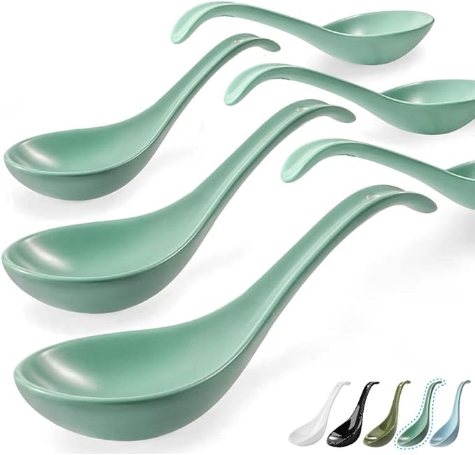 Artena 6.75 inch Solid Asian Soup Spoon Set of 6,Ultra-fine Porcelain Japanese Soup Spoon, Ramen Spoons for Pho Noodles Miso, Chinese Soup Spoons for Dumpling Wonton Cereal, Deep Oval Hook Design-Teal