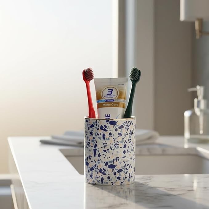 Ceramic Toothbrush Holder Toothpaste Holders, Cute Bathroom Tumbler Cups Reusable,Checkered Bathroom Counter Decor Organizer, Makeup Brush Holder,Pen Holder (Terrazzo)