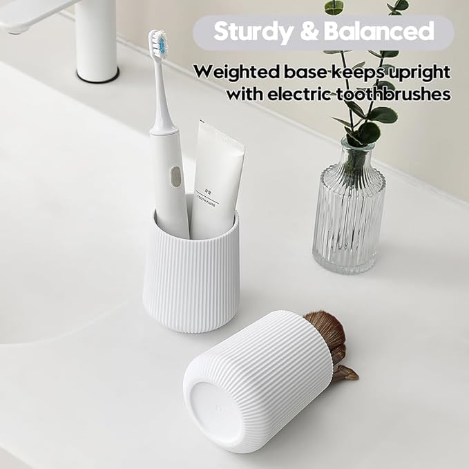 White Striped Toothbrush Holder for Electric Toothbrushes Bathroom Organizer Cup for Toothpaste Kids & Adults