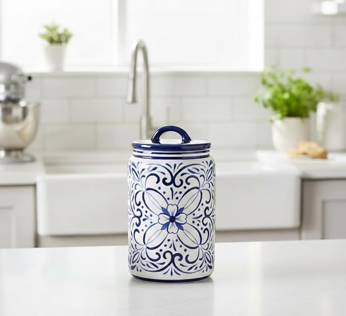 Young's Inc Ceramic Blue and White Talavera Treat Jar with Silcione Seal, 8 Inch Decorative Farmhouse Canister for Kitchen, Countertop, Storage Jar for Cookies, Tea, Sugar, Candy