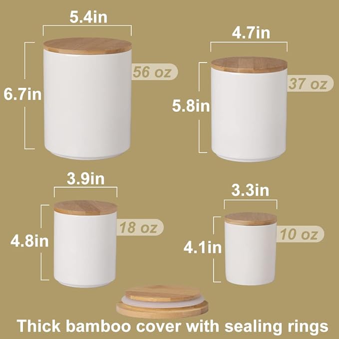 Sweejar Kitchen Canisters Ceramic Food Storage Jar Set, Stackable Containers with Airtight Seal Wooden Lid for Serving Ground Coffee, Tea, Herbs, Grains, Sugar, Salt - Set of 4 (Black)