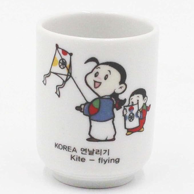 Korean Soju Shot Glass Set – 5 Piece Ceramic Pottery Cup for Whiskey Sake Vodka Alcohol Liquor w/Korea Traditional Illustration Paintings Gift Party Decoration Display Drinking Glasses