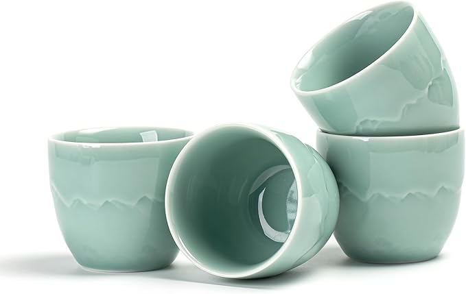 TEANAGOO Ceramic Japanese Tea Cups Set of 4pcs, 5.4oz/160ml Elegant Ceramic Matcha Cups with Flat Base, Celedon Blue Handleless Coffee Mugs, Microwave & Dishwasher Safe, Beautiful Gift Box