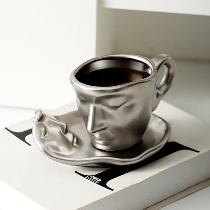 Abstract art teacup kissing lover stereo face sculpture coffee cup, 260ml ceramic coffee cup saucer(8.8oz)